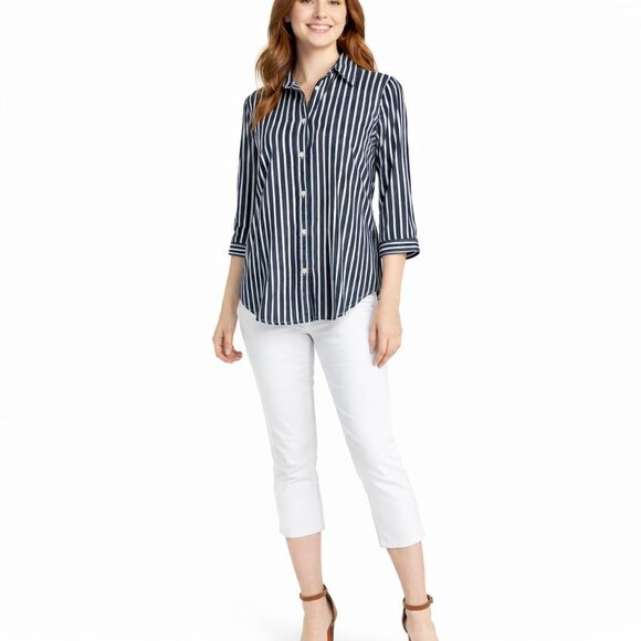 Lauren Ralph Lauren Tops - Lauren Ralph Lauren Medium Navy & White Striped Button-Up Shirt M 100% Cotton
